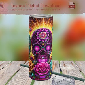 May include: A tall, cylindrical tumbler featuring a vibrant sugar skull design. The skull is adorned with intricate floral patterns in shades of purple, pink, and yellow. The tumbler includes the text "Instant Digital Download" and "All Images >300 DPI".