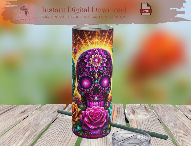 May include: A tall, cylindrical tumbler featuring a vibrant sugar skull design. The skull is adorned with intricate floral patterns in shades of purple, pink, and yellow. The tumbler includes the text "Instant Digital Download" and "All Images >300 DPI".