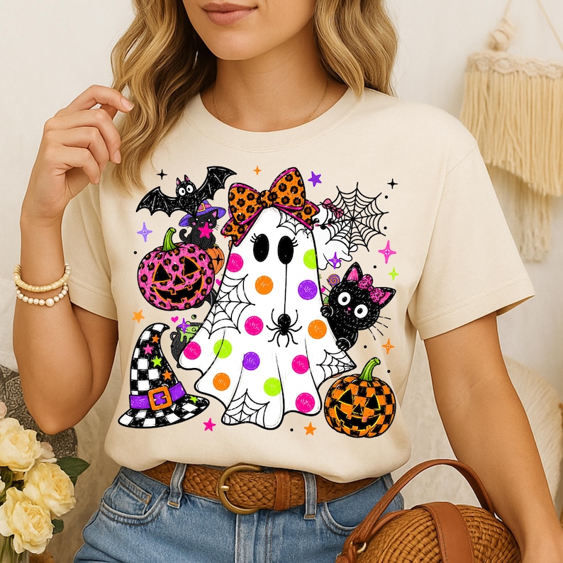 かわいいハロウィンの幽霊PNG、プレッピーなハロウィンシャツ、レトロなハロウィンキッズシャツPNG、トレンディな不気味なガーリーTシャツPNG昇華デザイン、デジタル 画像 5