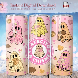 May include: Pink and peach-colored tumbler featuring ghost-like characters with pastries and drinks. The design includes the text "CAFECITO CHISME" and "Instant Digital Download". The tumbler has a glossy finish and is decorated with hearts and stars.