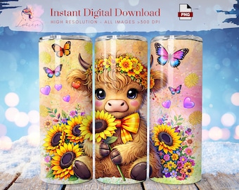 Sunflowers Highland cow 20oz Tumbler Wrap, Cute Cow, Hello Spring, Floral Tumbler, Digital Download, Sublimation