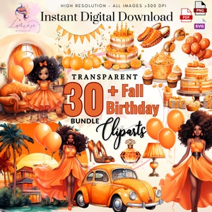 Compleanno bambola Clipart ~ 30 Compleanno acquerello arancione ~ Moda bambola nera ~ Digitale ~ PNG trasparente SVG di alta qualità ~ Download istantaneo
