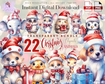 Weihnachtstiere Clipart ~ 22 Aquarell niedliche Tiere PNG ~ Heiraten ~ Noel Sublimation ~ Hochwertige transparente PNG ~ Digitales Handwerk