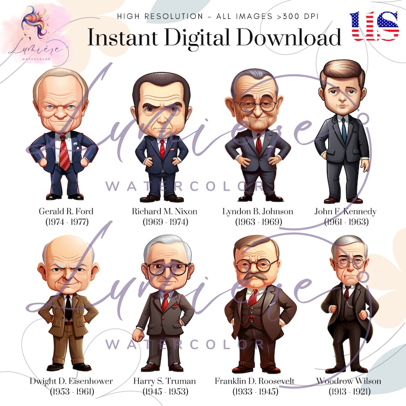 K&ouml;nnte beinhalten: Eine digitale Illustration von acht ehemaligen US-Pr&auml;sidenten im Cartoon-Stil. Jeder Pr&auml;sident ist in Aquarell-Manier mit einem rot-wei&szlig;-blauen Farbschema dargestellt. Die Pr&auml;sidenten sind in zwei Reihen zu viert angeordnet, mit ihren Namen und Amtszeiten unter jedem Portr&auml;t. Der Text "Sofortiger digitaler Download" befindet sich oben im Bild.