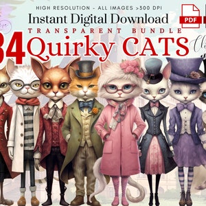 Whimsical Cat~ 34 Quirky Mixed Media Cat PNG~ Fashionable Cat~ Cat Lover~  scrapbooking~ Junk Journal~ High quality transparent PNG~ Digital