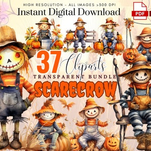 May include: A set of 37 watercolor clipart illustrations of scarecrows in various poses. The scarecrows are wearing overalls, hats, and scarves. Some are holding pumpkins. The illustrations are perfect for fall crafts and decorations.