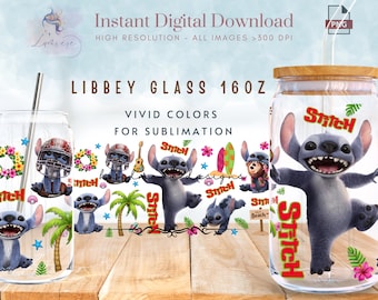Cartoon Sti-tch 16oz Libbey Glass Can Wrap ~ Summer Vibes Tumbler ~ Kids Tumbler ~ Movie Character ~ Glass Can Sublimation Design ~ Digital