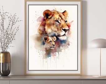 Impresión de niño y madre ~ León Safari ~ Retrato de animales ~ Instinto maternal ~ Decoración de la pared de la guardería ~ Acuarela ~ Alta resolución ~ Cartel de animales