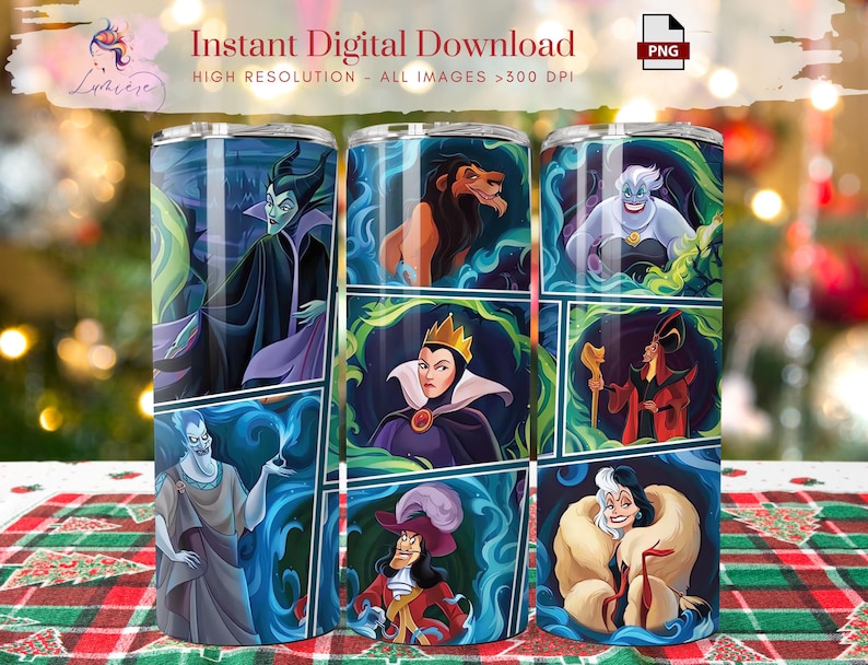 May include: A tumbler with a design featuring various Disney villains, including Maleficent, Ursula, Cruella de Vil, and the Evil Queen. The villains are depicted in a dark and mysterious style, with swirling green and blue backgrounds.