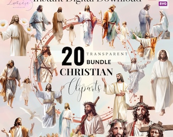 Christian ClipArt Bundle~ 20 Transparent Watercolor Jesus PNG ~ Christmas Png~ catholic religious~ High quality transparent images~ Digital