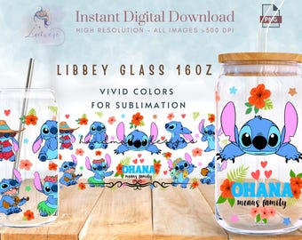 Rodzina kreskówek 16oz Libbey Glass Can Wrap ~ Kwiatowy kubek ~ Niebieski potwór PNG ~ Postać z filmu ~ Projekt sublimacji szklanych puszek ~ Cyfrowy