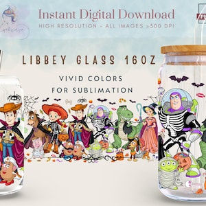 May include: Two clear 16oz Libbey glass cans featuring a Halloween-themed sublimation design with cartoon characters dressed in costumes, including skeletons, vampires, and mummies, alongside bats, pumpkins, and candy, with a bamboo lid and straw.