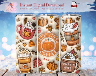 May include: A set of three insulated tumblers with a cream background and fall-themed illustrations. The designs include pumpkins, coffee cups, and the text "Fall Vibes Coffee" and "Pumpkin Spice".