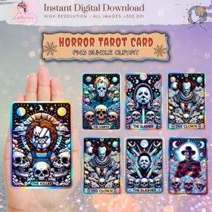 Cartas de tarot de película de terror PNG, paquete de cartas de tarot, personaje de terror PNG, muñeca asesina, cartas de tarot espeluznantes, sublimación de tarot de Halloween, digital