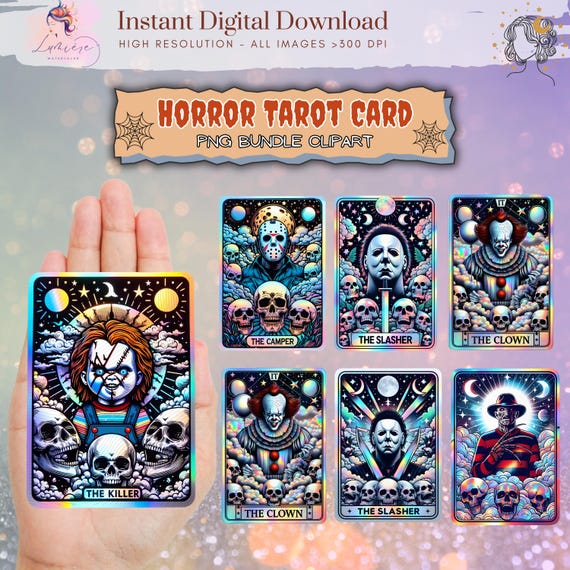 Horror Movie Tarot cards PNG, Tarot card Bundle, Horror Charctrer Png, Killer doll, Spooky Tarot Cards, Halloween Tarot Sublimation, Digital