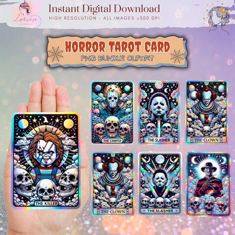 May include: A collection of horror-themed tarot cards featuring iconic characters like Chucky, Jason Voorhees, Michael Myers, Pennywise, and Freddy Krueger. Each card has a unique design with skulls and celestial elements. The text on the cards reads "The Killer", "The Camper", "The Slasher", and "The Clown".