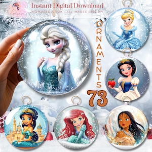 Puede incluir: Conjunto de 73 adornos navideños digitales imprimibles con diferentes princesas de Disney. Los adornos son redondos y tienen un efecto de bola de nieve. Las princesas que aparecen son Elsa, Cenicienta, Blancanieves, Ariel y Pocahontas.
