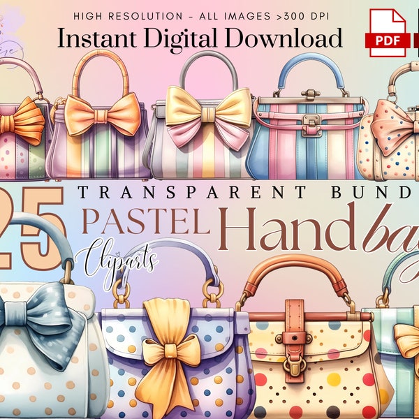 Watercolor Purse ClipArt ~ 25 Whimsical Vintage Hand Bags PNG ~ Colorful Purses ~ Fashion ~ High Quality Transparent PNG ~ Instant Download