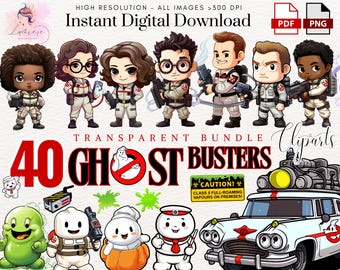 May include: Digital download bundle featuring 40 Ghostbusters cliparts. Includes cartoon illustrations of Ghostbusters characters, ghosts, and the Ecto-1 car. The image also includes the text "Instant Digital Download".