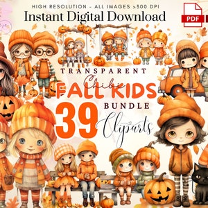 Best Friends ClipArt ~ 39 Watercolor Autumn Cute Kids PNG ~ Anime Style ~ Fall PNG ~ Thanksgiving Png~ High quality transparent PNG~ Digital