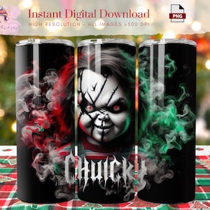 May include: Three black insulated tumblers with a Chucky design. The design features a close-up of Chucky's face with red eyes and stitches, surrounded by red and green smoke. The word "CHUCKY" is written in a gothic font.