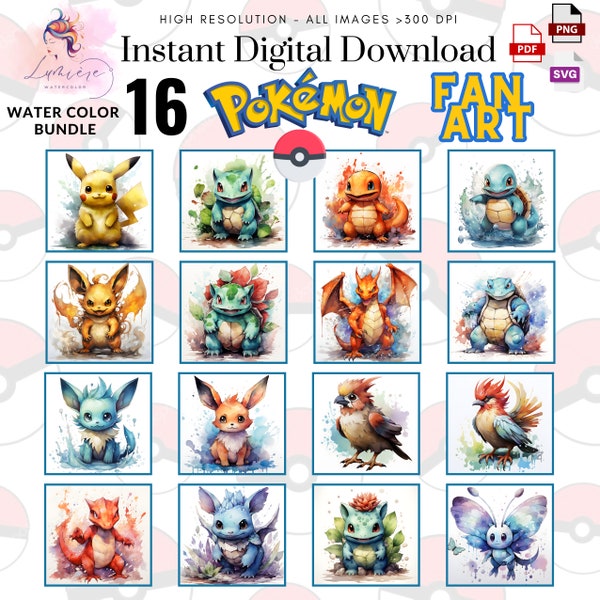 Watercolor Poke-mon~ Digital Print Bundle~ 16 original artwork~ High Quality >300 Dpi~ Pika-chu Png~ Nursery Decor~ with background~ Digital