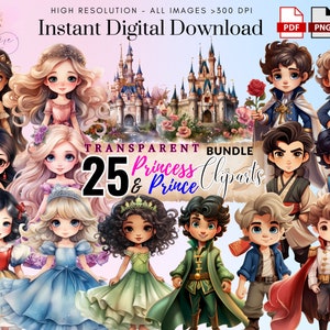 Little Princess & her Prince Clipart~ 25 Watercolor Princess PNG~ Prince Png~ Nursery Decor Png~ High quality transparent images~ Digital