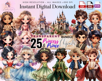 Little Princess & her Prince Clipart~ 25 Watercolor Princess PNG~ Prince Png~ Nursery Decor Png~ High quality transparent images~ Digital