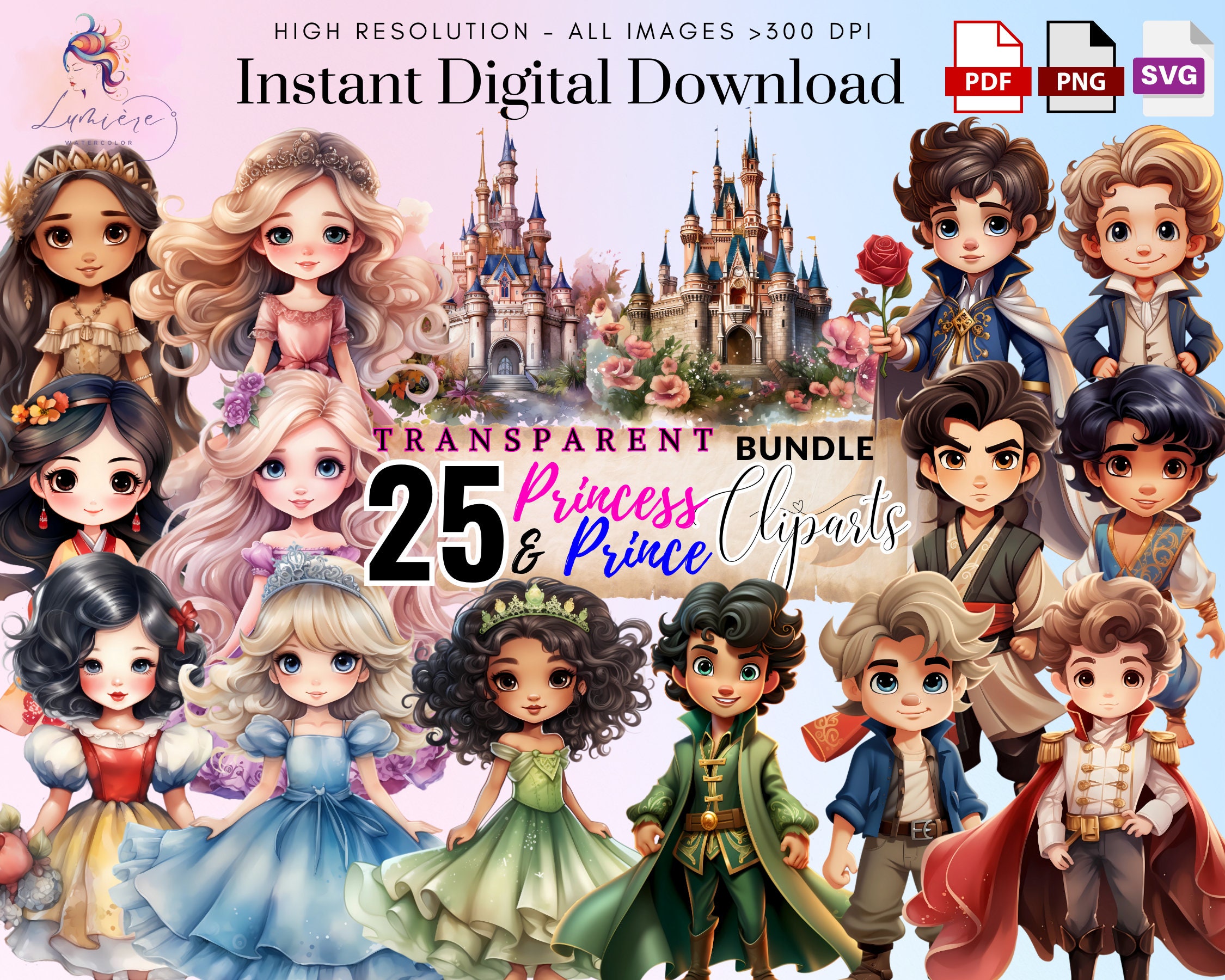 Little Princess & Her Prince Clipart~ 25 Watercolor Princess PNG