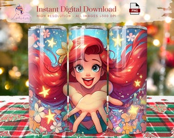 Tumbler Wrap Principessa Sirena 20oz ~ Sirena PNG ~ Tumbler Wrap Magro ~ Tumbler Wrap per bambini dei cartoni animati ~ Design stampabile ~ Digitale ~ Sublimazione