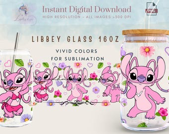 Rosa Cartoon 16 Unze Libbey Glasdosenverpackung, Blumenwinkel Tumbler Wrap PNG, Glasdosen Sublimation Digital