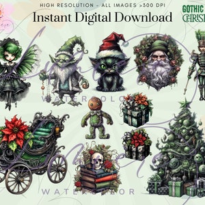 Op de afbeelding: Een set van 10 digitale illustraties met een gothic kerstthema. De illustraties omvatten een fee, een kabouter, een kat, de kerstman, een notenkraker, een peperkoekman, een koets, een cadeau, een kerstboom en een schedel met boeken. De illustraties zijn in een donkere en grillige stijl, met een groen-rood kleurenschema.