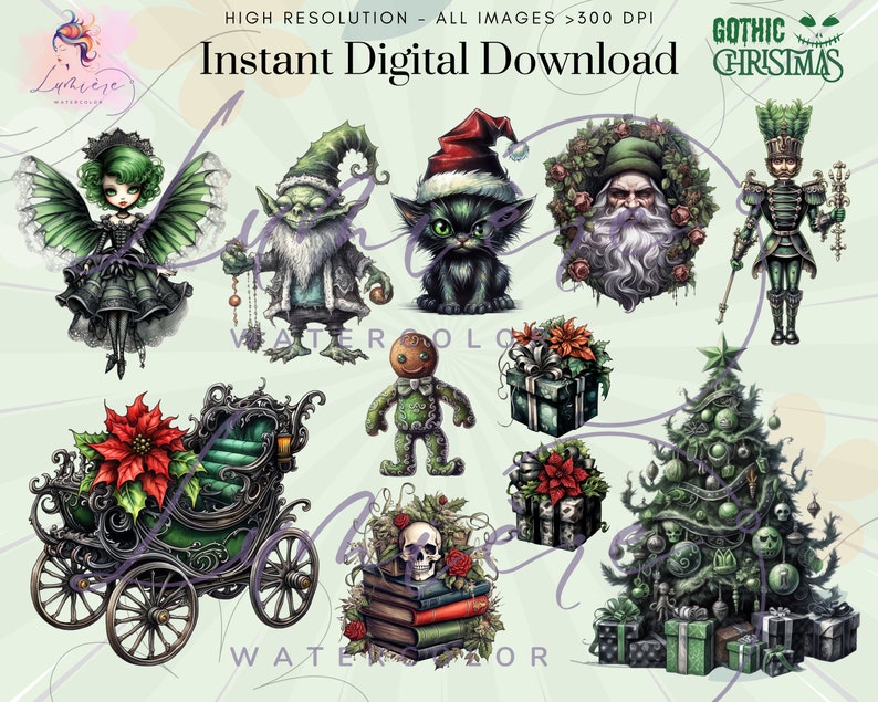Op de afbeelding: Een set van 10 digitale illustraties met een gothic kerstthema. De illustraties omvatten een fee, een kabouter, een kat, de kerstman, een notenkraker, een peperkoekman, een koets, een cadeau, een kerstboom en een schedel met boeken. De illustraties zijn in een donkere en grillige stijl, met een groen-rood kleurenschema.
