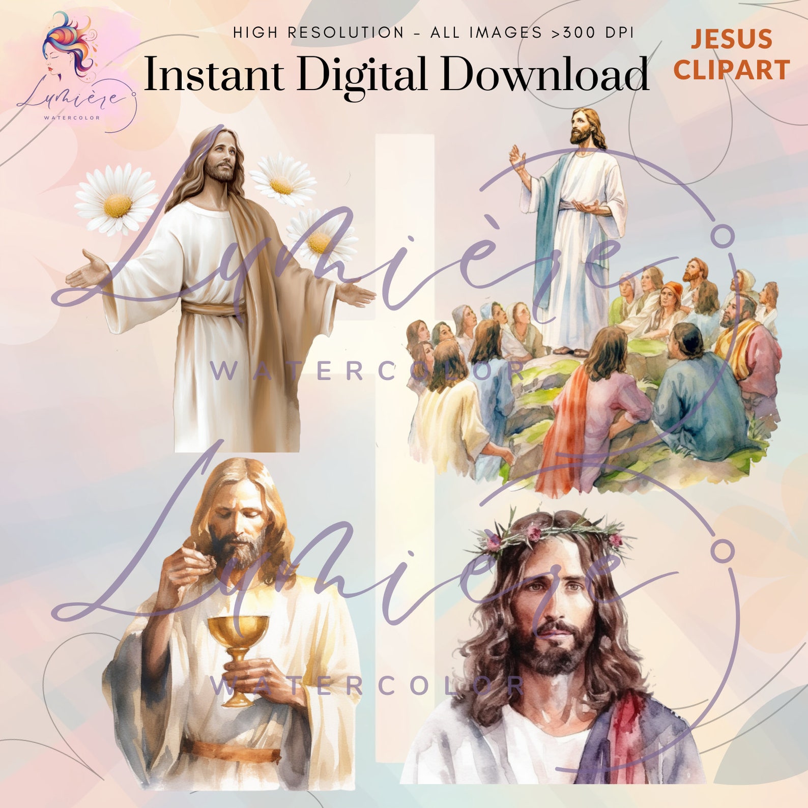 Christian Clipart Bundle~ 20 Transparent Watercolor Jesus PNG ...