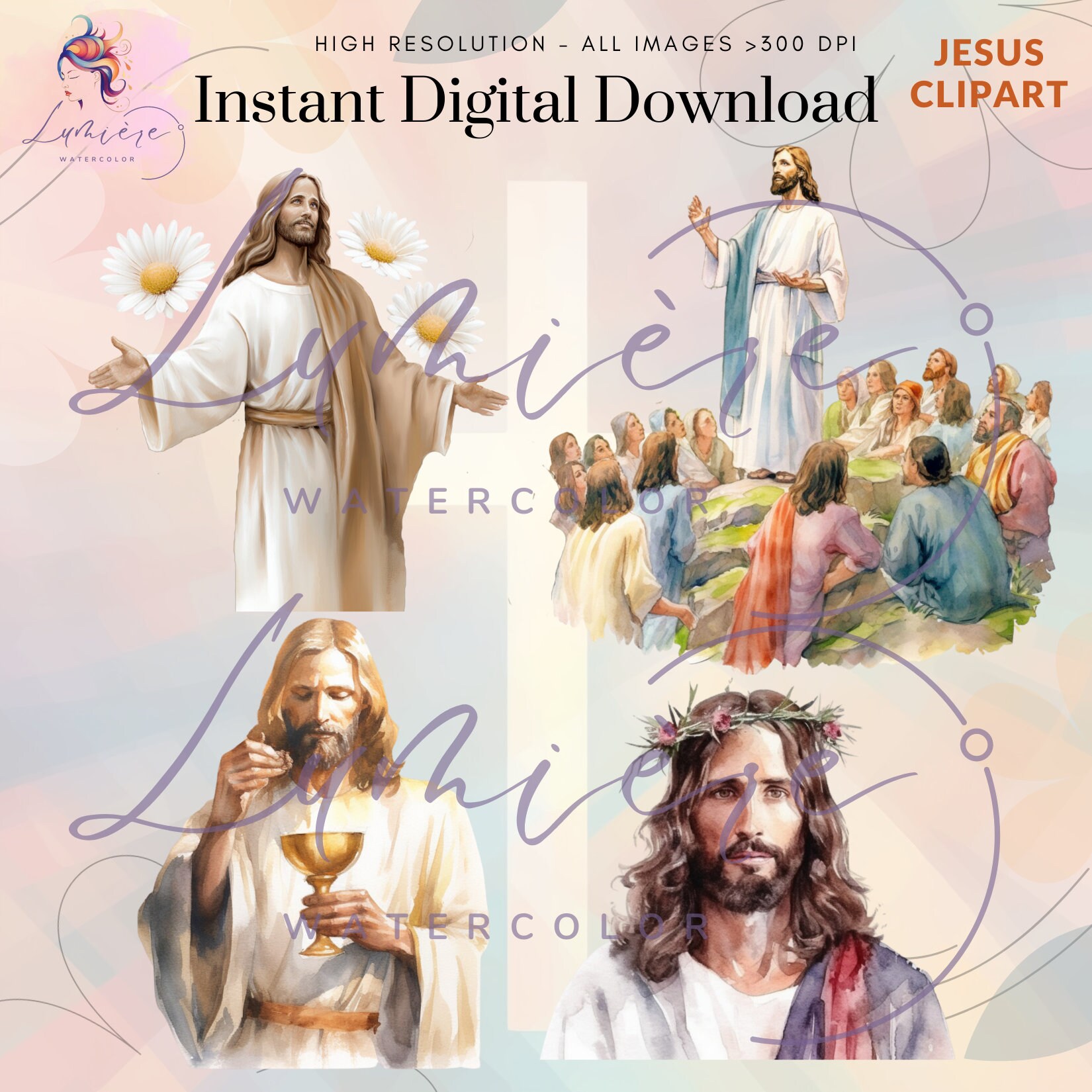 Christian Clipart Bundle~ 20 Transparent Watercolor Jesus PNG ...