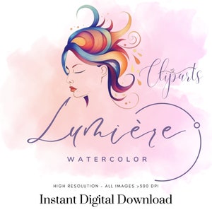 K&ouml;nnte beinhalten: Aquarell-Clipart einer Frau mit buntem Haar vor einem rosa Hintergrund. Der Text "Lumi&egrave;re Watercolor" befindet sich unter dem Kopf der Frau. Der Text "Clipart" befindet sich in der oberen rechten Ecke des Bildes. Der Text "Hohe Aufl&ouml;sung - Alle Bilder >300 DPI" befindet sich unter dem Text "Lumi&egrave;re Watercolor". Der Text "Sofortiger digitaler Download" befindet sich am unteren Rand des Bildes.