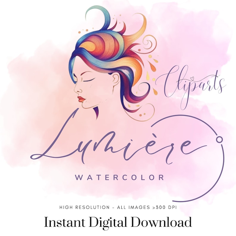 K&ouml;nnte beinhalten: Aquarell-Clipart einer Frau mit buntem Haar vor einem rosa Hintergrund. Der Text "Lumi&egrave;re Watercolor" befindet sich unter dem Kopf der Frau. Der Text "Clipart" befindet sich in der oberen rechten Ecke des Bildes. Der Text "Hohe Aufl&ouml;sung - Alle Bilder >300 DPI" befindet sich unter dem Text "Lumi&egrave;re Watercolor". Der Text "Sofortiger digitaler Download" befindet sich am unteren Rand des Bildes.