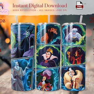 May include: A 20 ounce tumbler with a design featuring various Disney villains. The tumbler is divided into six sections, each featuring a different villain. The villains featured are Maleficent, Ursula, Cruella de Vil, Jafar, Evil Queen, and Captain Hook. The tumbler is a great way to show your love for Disney villains.