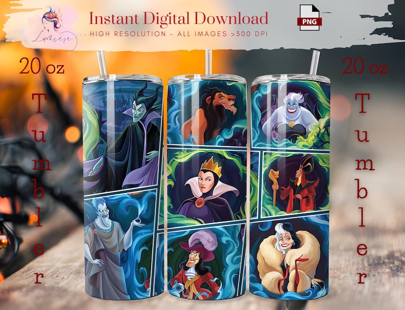 May include: A 20 ounce tumbler with a design featuring various Disney villains. The tumbler is divided into six sections, each featuring a different villain. The villains featured are Maleficent, Ursula, Cruella de Vil, Jafar, Evil Queen, and Captain Hook. The tumbler is a great way to show your love for Disney villains.