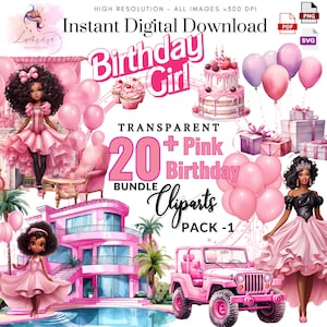 Verjaardag pop clipart ~ 20+ zwarte pop mode PNG ~ roze meisje PNG ~ kwekerij decor PNG ~ hoge kwaliteit en transparante PNG SVG ~ Instant Download