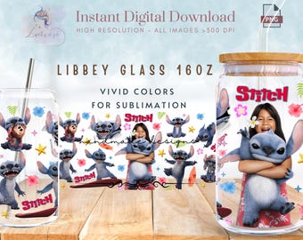 Cartoon Sti-tch 16oz Libbey Glass Can Wrap ~ Summer Vibes Tumbler ~ Kids Tumbler ~ Movie Character ~ Glass Can Sublimation Design ~ Digital