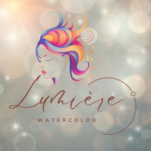 Op de afbeelding: Een kleurrijke aquarel-illustratie van een vrouwen gezicht met golvend haar, met de tekst "Lumi&egrave;re Watercolor" eronder.