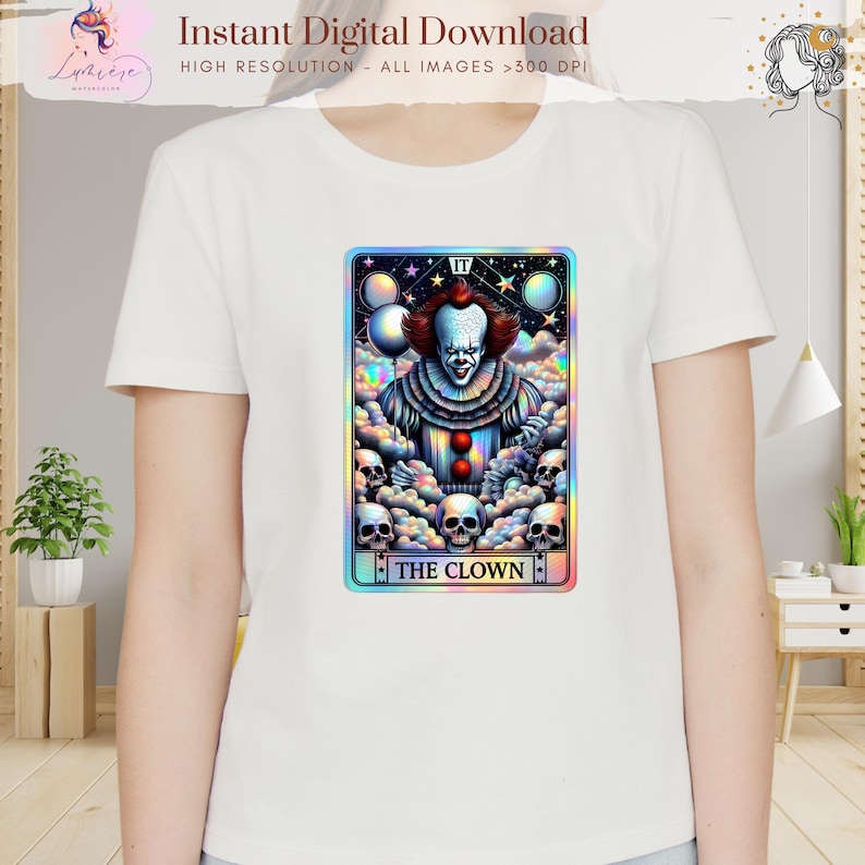 May include: White t-shirt featuring a tarot card design with a clown illustration. The card has a colorful border and the text "THE CLOWN". The shirt also has the text "Instant Digital Download" and "HIGH RESOLUTION - ALL IMAGES >300 DPI".