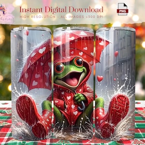 May include: A green frog wearing a red heart-patterned raincoat stands under a red umbrella with white hearts. The frog is holding a red umbrella with white hearts. The background is a blurry image of a city street with raindrops.