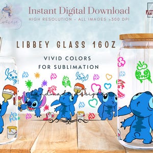 Cartoon Sti-tch Painting 16oz Libbey Glass Can Wrap ~ Cute Cartoon Tumbler Wrap ~ colorful Tumbler ~ Glass Can Sublimation Design ~ Digital