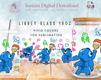 Cartoon stiksels schilderij 16oz Libbey glasblik wrap ~ leuke cartoon beker wrap ~ kleurrijke beker ~ glazen blikje sublimatie ontwerp ~ digitaal
