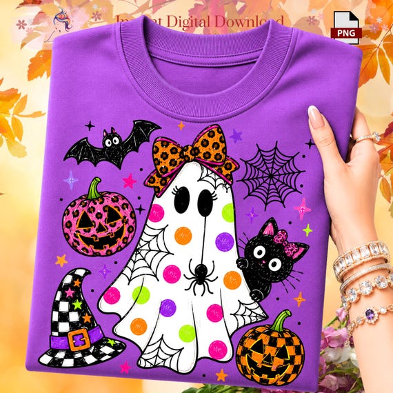 Cute Halloween Ghost Png, Preppy Halloween shirt, Retro halloween Kid shirt PNG, trendy Spooky Girly Tee PNG Sublimation Design, Digital