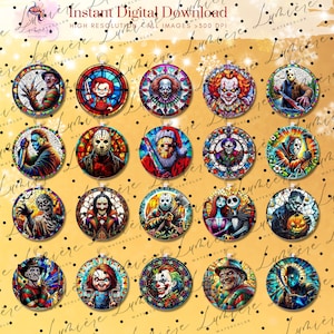 May include: A collection of round, stained-glass style ornaments featuring horror movie characters. The ornaments have a watercolor effect and include characters like Freddy Krueger, Jason Voorhees, and Pennywise. The text "Instant Digital Download" is visible.