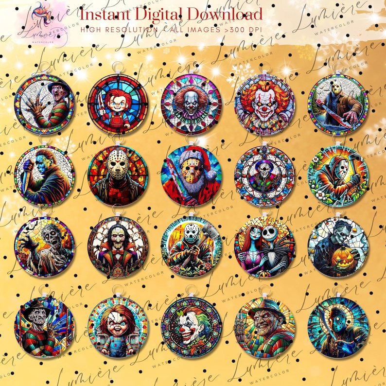 May include: A collection of round, stained-glass style ornaments featuring horror movie characters. The ornaments have a watercolor effect and include characters like Freddy Krueger, Jason Voorhees, and Pennywise. The text "Instant Digital Download" is visible.