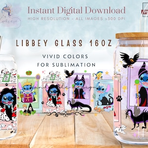 Cartoon Sti-tch Cosplay Villains 16oz Libbey Glass Can Wrap ~ Movie Character Tumbler Wrap ~ Trending Glass Can Sublimation Design ~ Digital